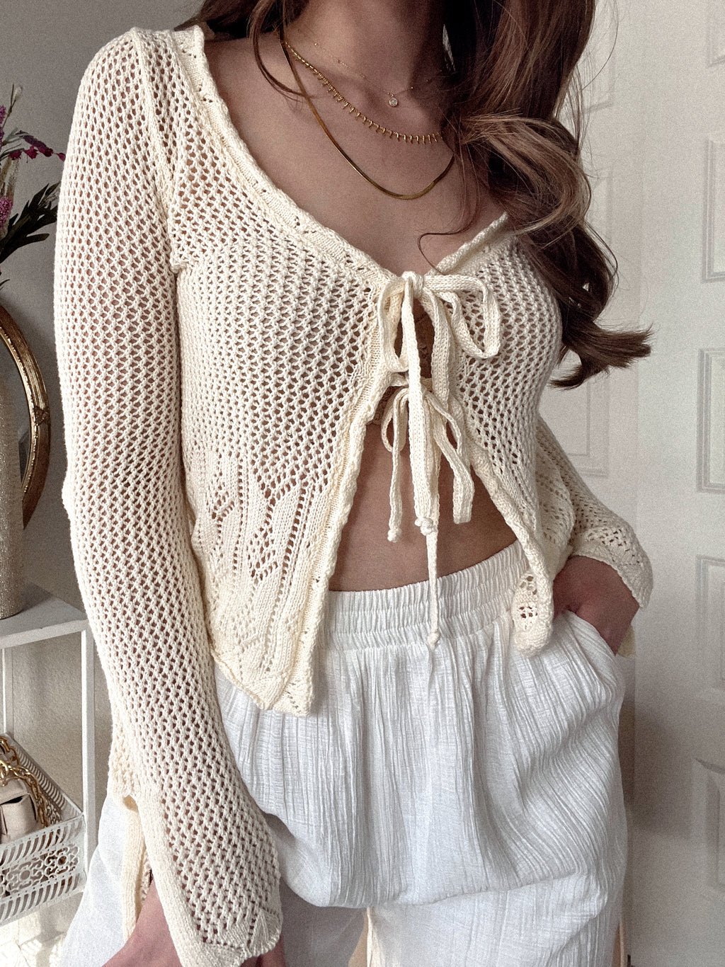 Monroe Crochet FrontTie Cardigan (Cream) La Belle Boutique