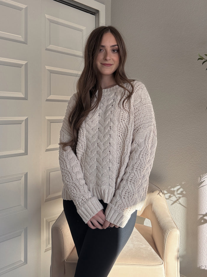 Adeline Chenille Cable Knit Sweater (Beige)