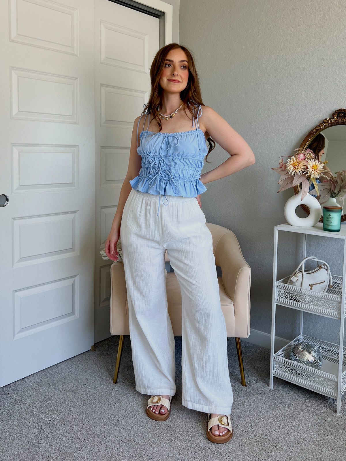 Ashtin Ruched Tiered Ruffle Crop Top (Light Blue)