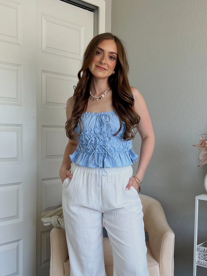 Ashtin Ruched Tiered Ruffle Crop Top (Light Blue)