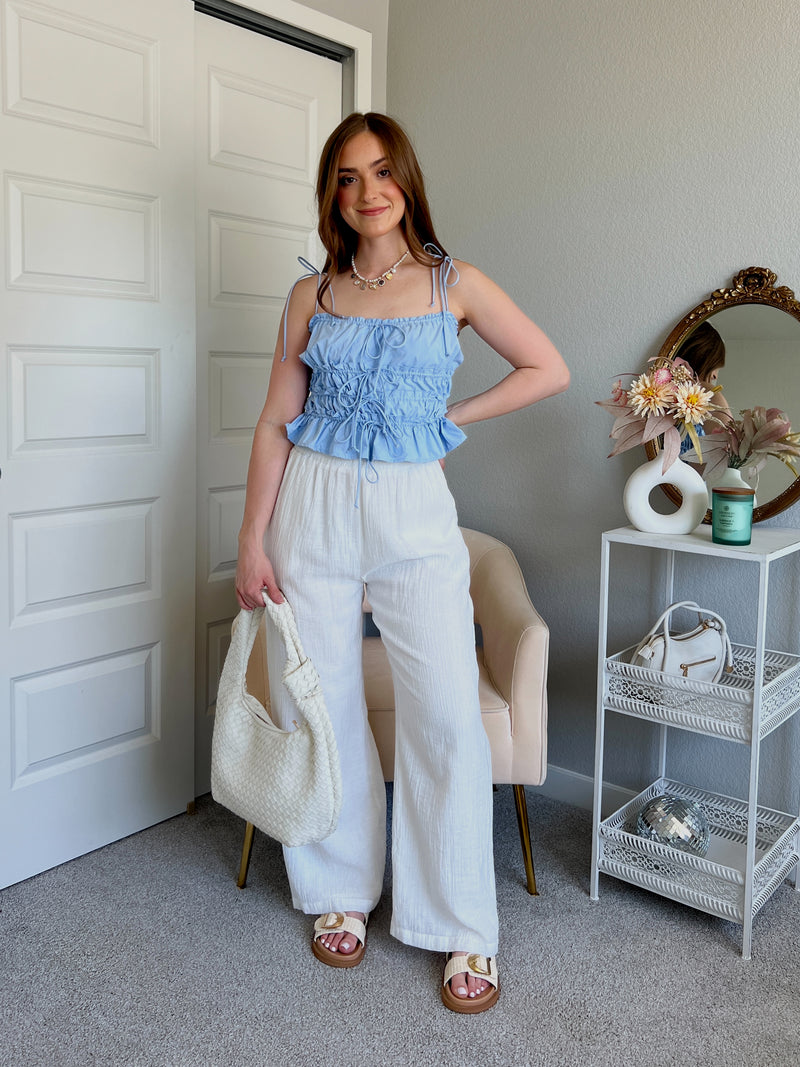 Ashtin Ruched Tiered Ruffle Crop Top (Light Blue)