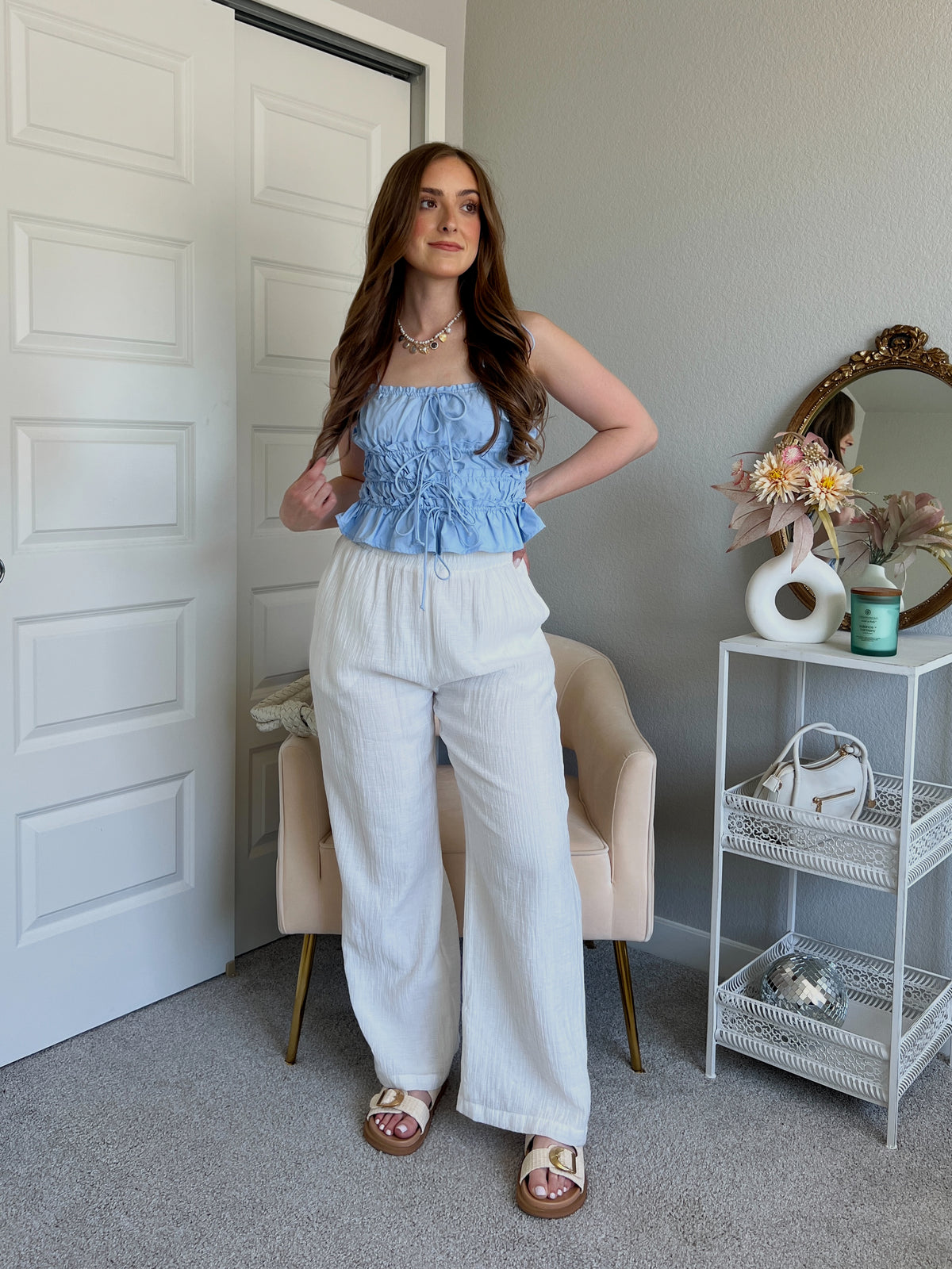 Ashtin Ruched Tiered Ruffle Crop Top (Light Blue)