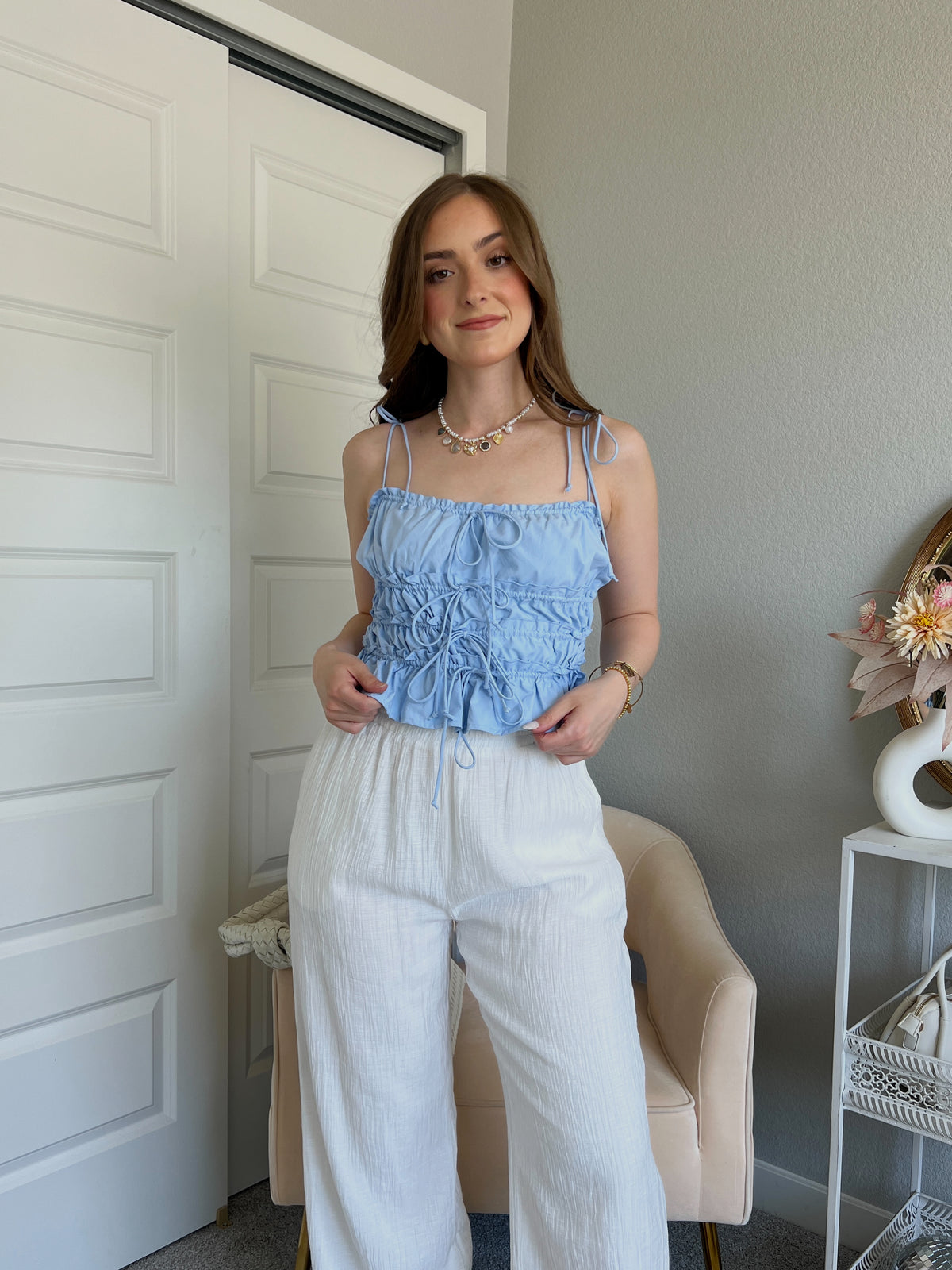 Ashtin Ruched Tiered Ruffle Crop Top (Light Blue)