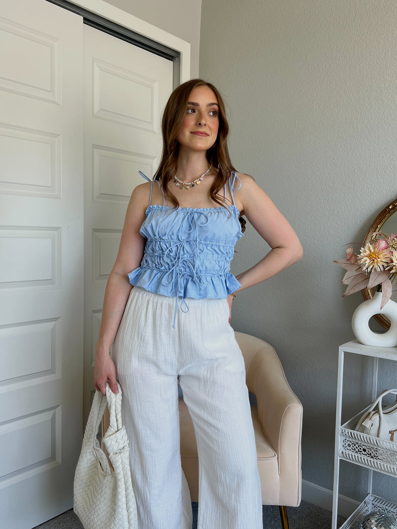 Ashtin Ruched Tiered Ruffle Crop Top (Light Blue)