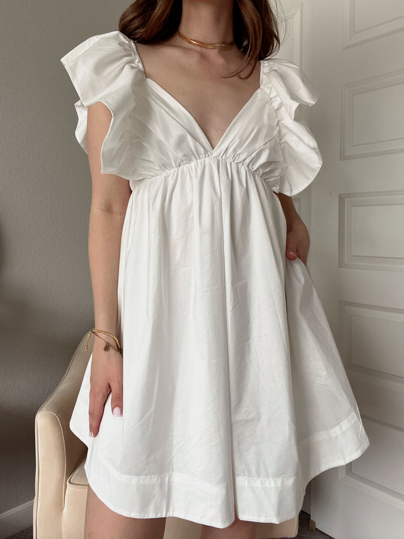 Bailey Ruffle Detail Tie Back Poplin Mini Dress (White)