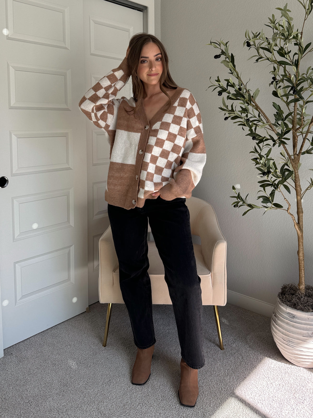 Blakely Oversized Button Down Cardigan (Khaki/Cream)