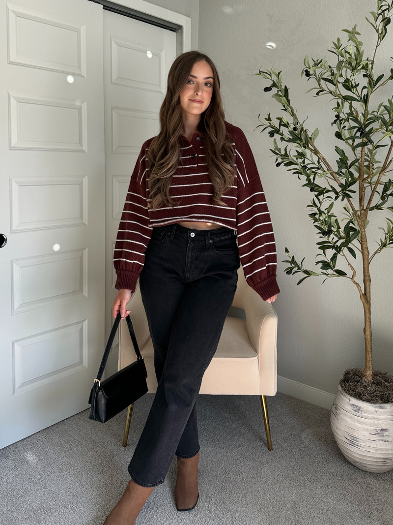 Bristol Striped Cropped Sweater (Dark Cherry)