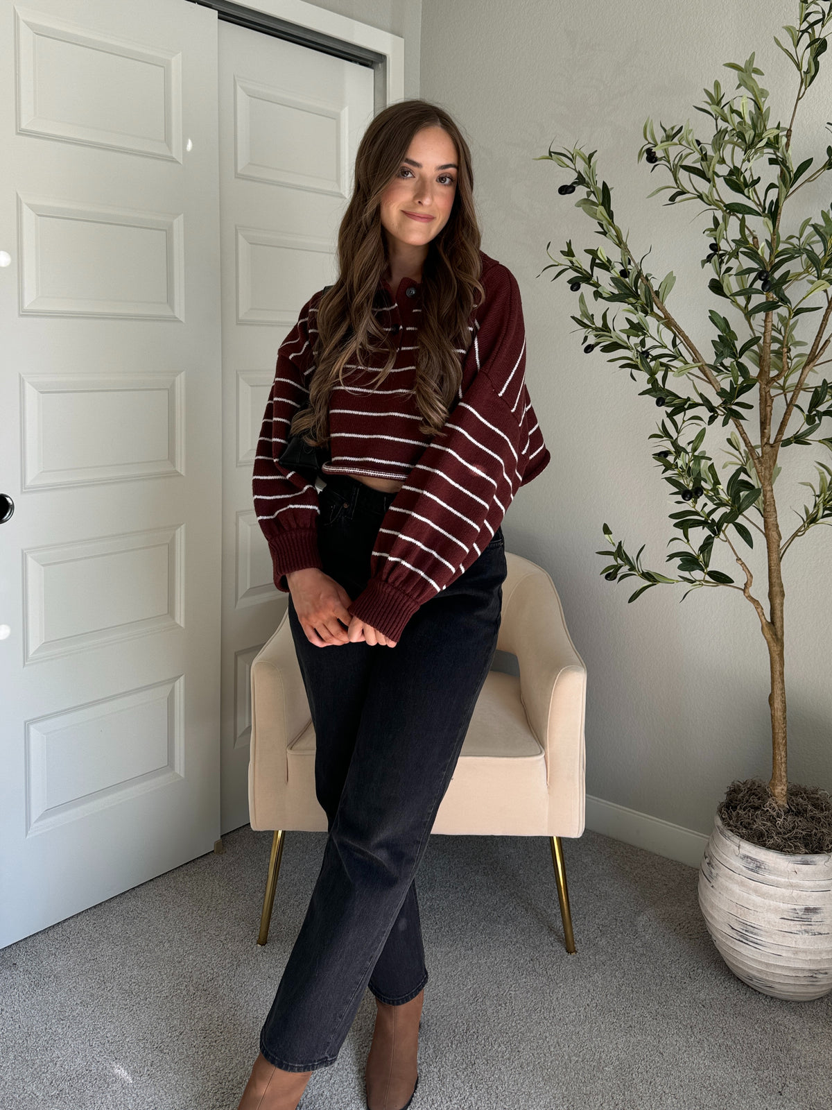 Bristol Striped Cropped Sweater (Dark Cherry)