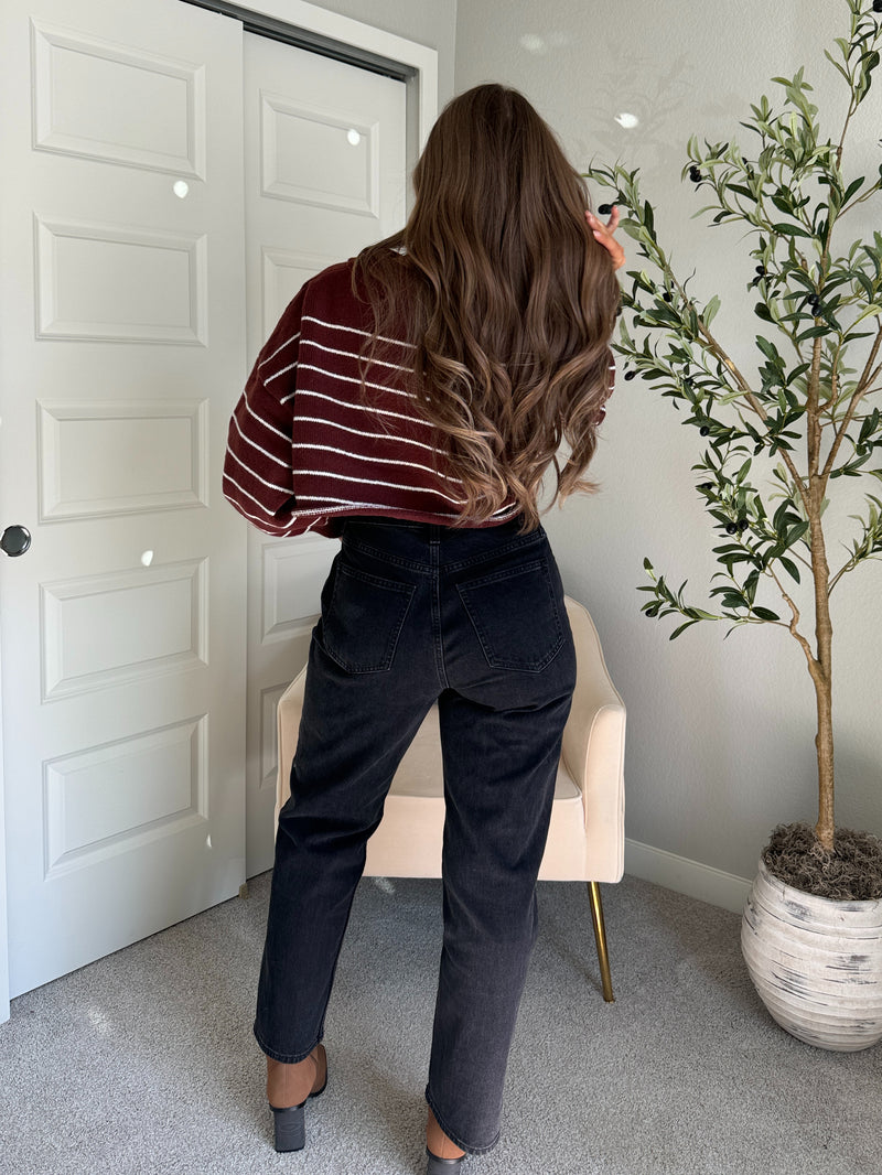 Bristol Striped Cropped Sweater (Dark Cherry)