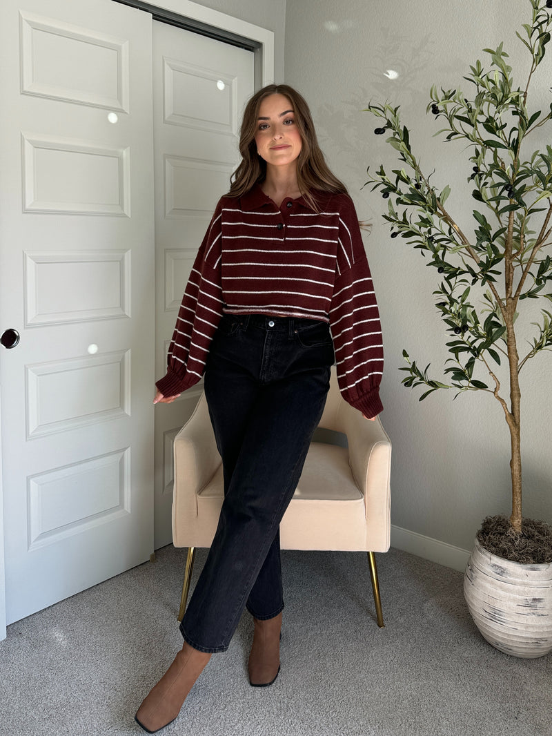 Bristol Striped Cropped Sweater (Dark Cherry)