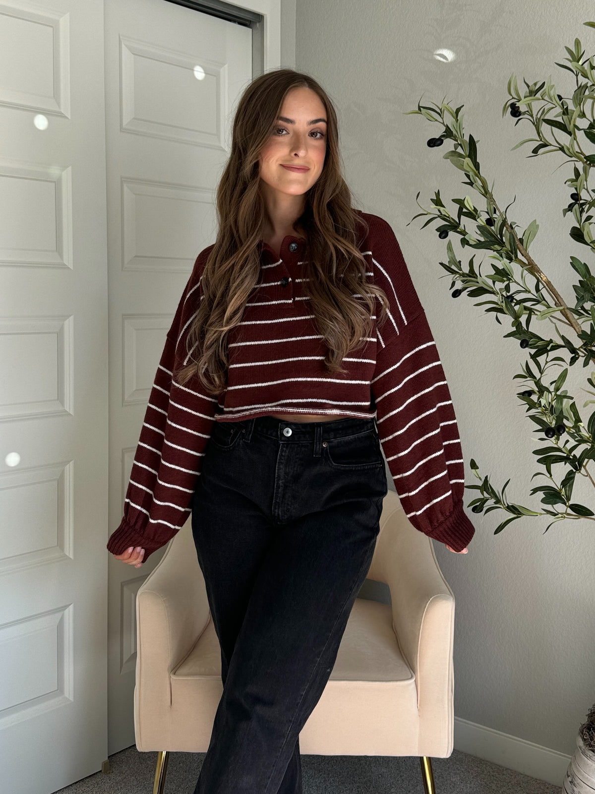 Bristol Striped Cropped Sweater (Dark Cherry)