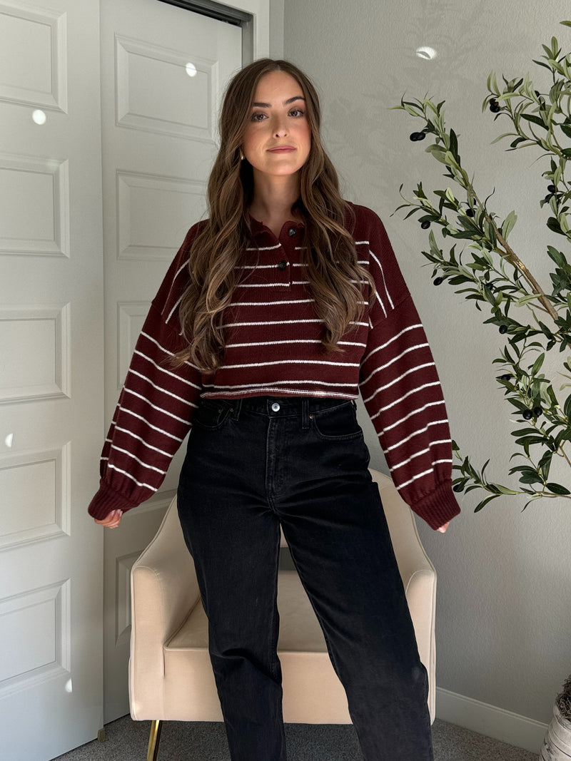 Bristol Striped Cropped Sweater (Dark Cherry)