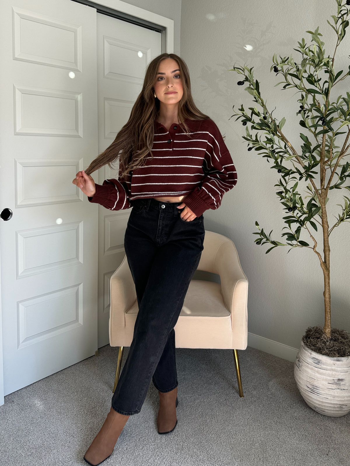 Bristol Striped Cropped Sweater (Dark Cherry)