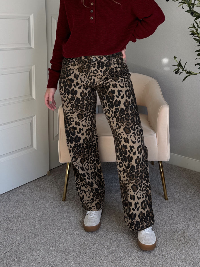 Carmen Leopard Print Straight Leg Cotton Twill Pants