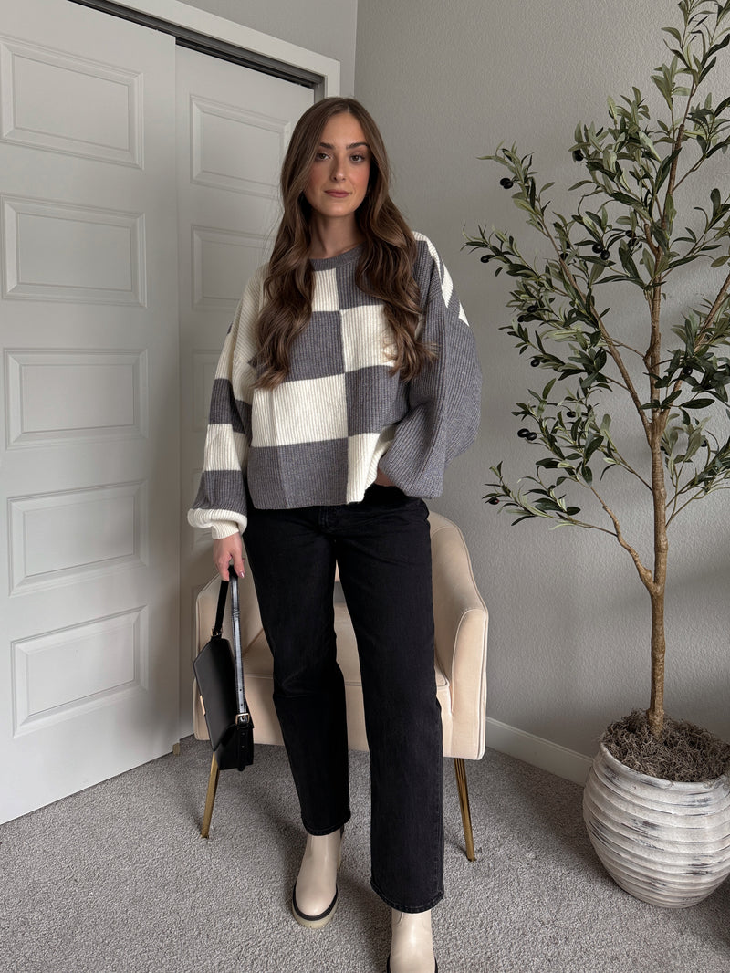 Dakota Oversized Checkered Striped Sweater (Heather Grey/Ivory)