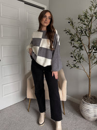 Dakota Oversized Checkered Striped Sweater (Heather Grey/Ivory)