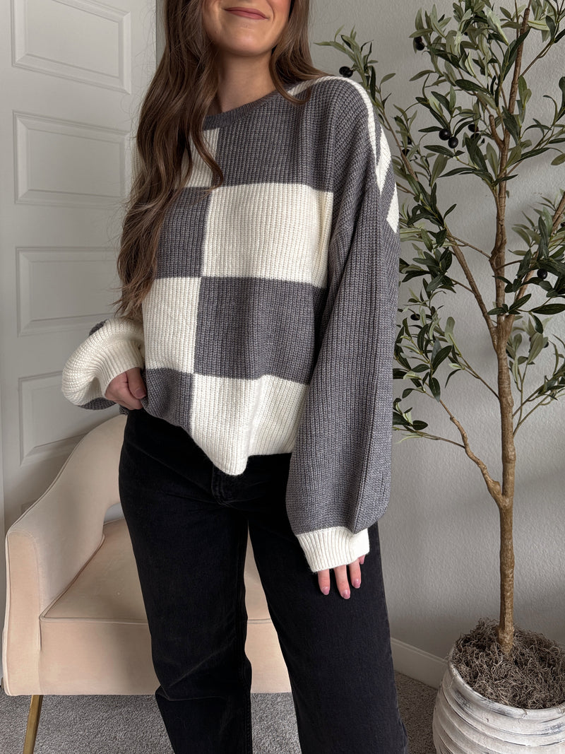 Dakota Oversized Checkered Striped Sweater (Heather Grey/Ivory)