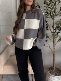 Dakota Oversized Checkered Striped Sweater (Heather Grey/Ivory)