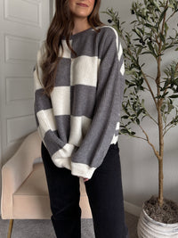 Dakota Oversized Checkered Striped Sweater (Heather Grey/Ivory)