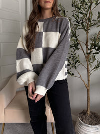 Dakota Oversized Checkered Striped Sweater (Heather Grey/Ivory)