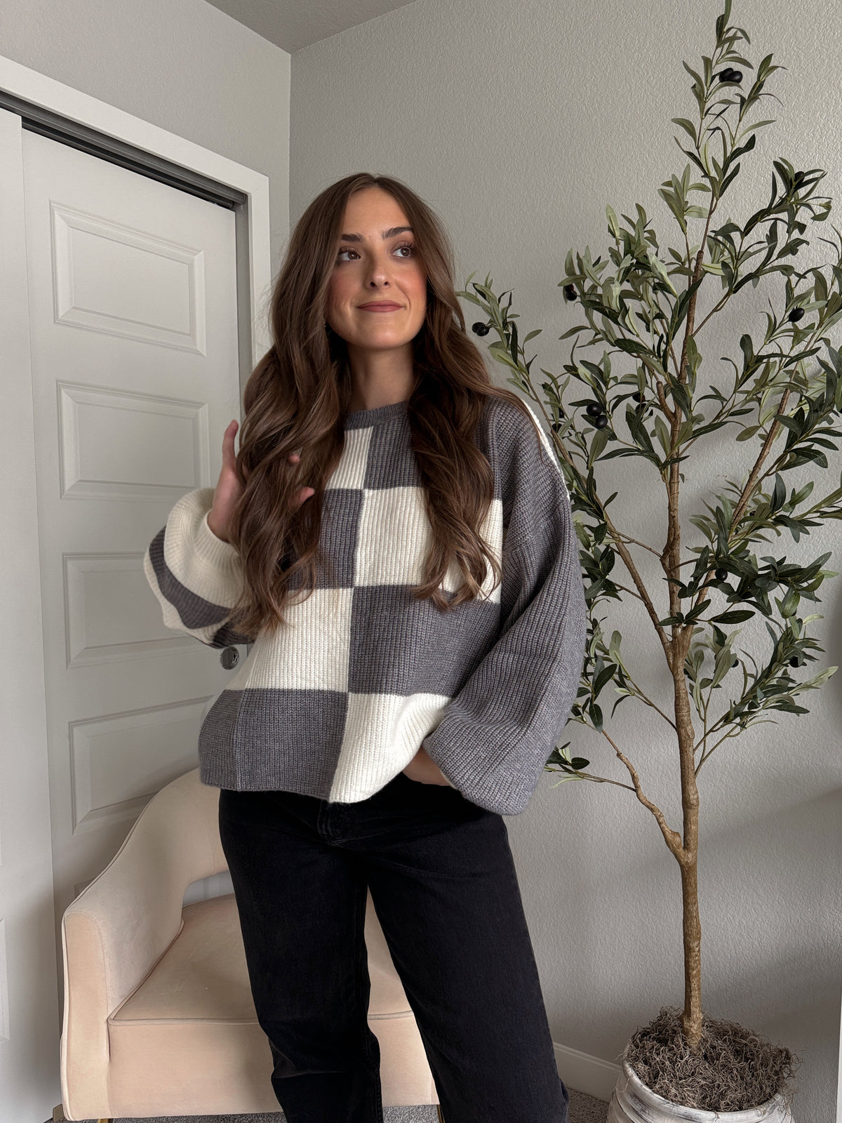 Dakota Oversized Checkered Striped Sweater (Heather Grey/Ivory)