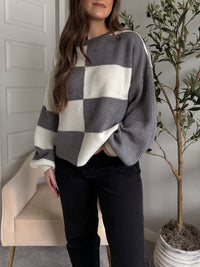 Dakota Oversized Checkered Striped Sweater (Heather Grey/Ivory)