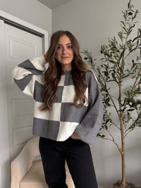 Dakota Oversized Checkered Striped Sweater (Heather Grey/Ivory)