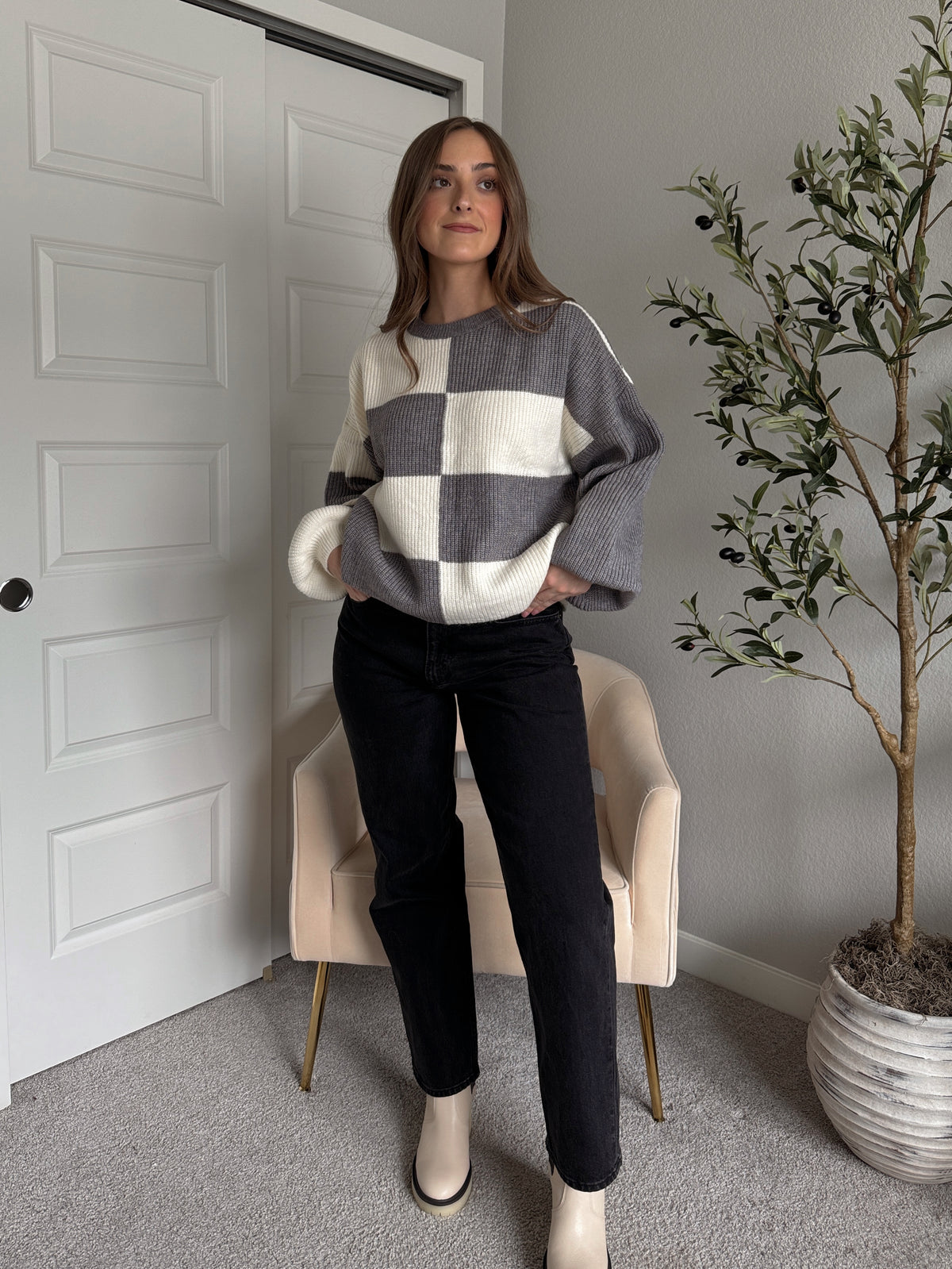 Dakota Oversized Checkered Striped Sweater (Heather Grey/Ivory)