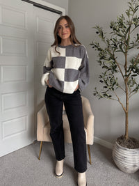 Dakota Oversized Checkered Striped Sweater (Heather Grey/Ivory)