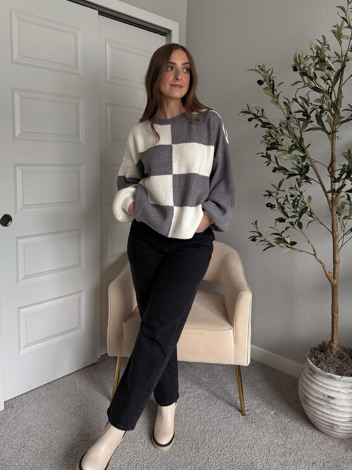 Dakota Oversized Checkered Striped Sweater (Heather Grey/Ivory)