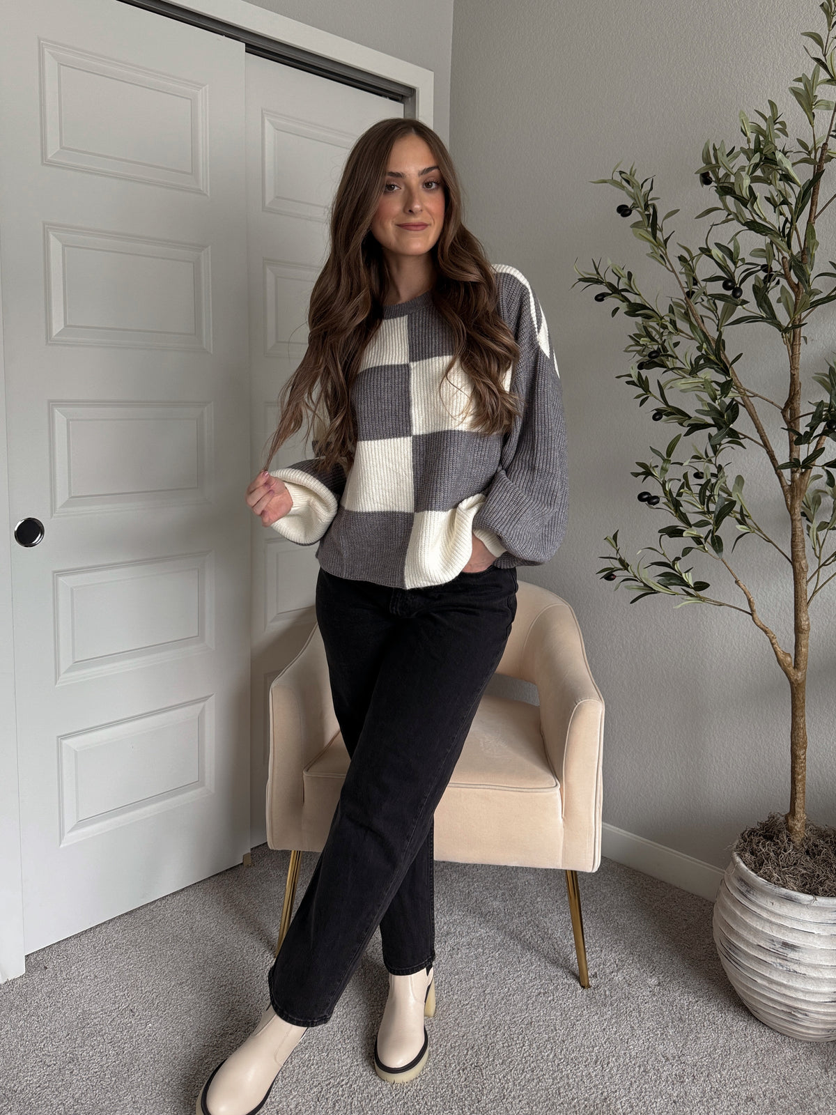 Dakota Oversized Checkered Striped Sweater (Heather Grey/Ivory)