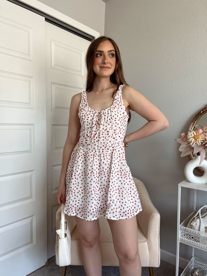 Elise Apple Print Floral Embellished Mini Dress (Off White)