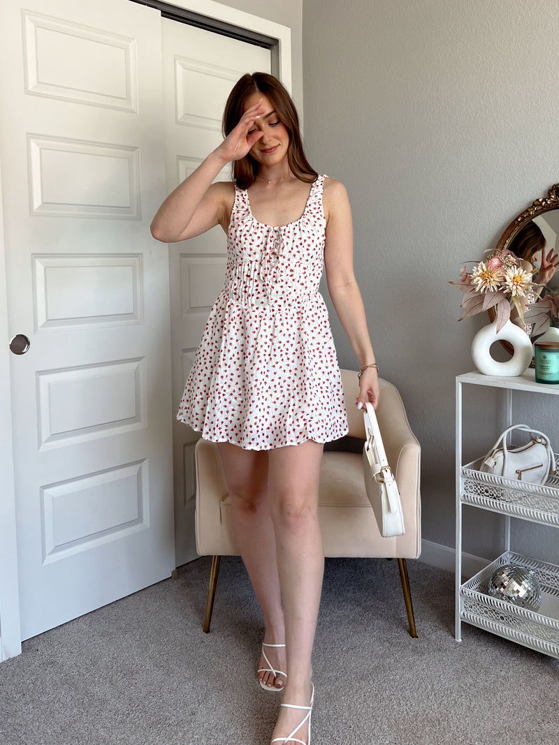 Elise Apple Print Floral Embellished Mini Dress (Off White)