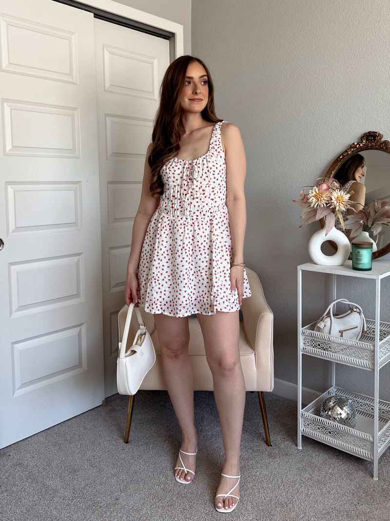 Elise Apple Print Floral Embellished Mini Dress (Off White)