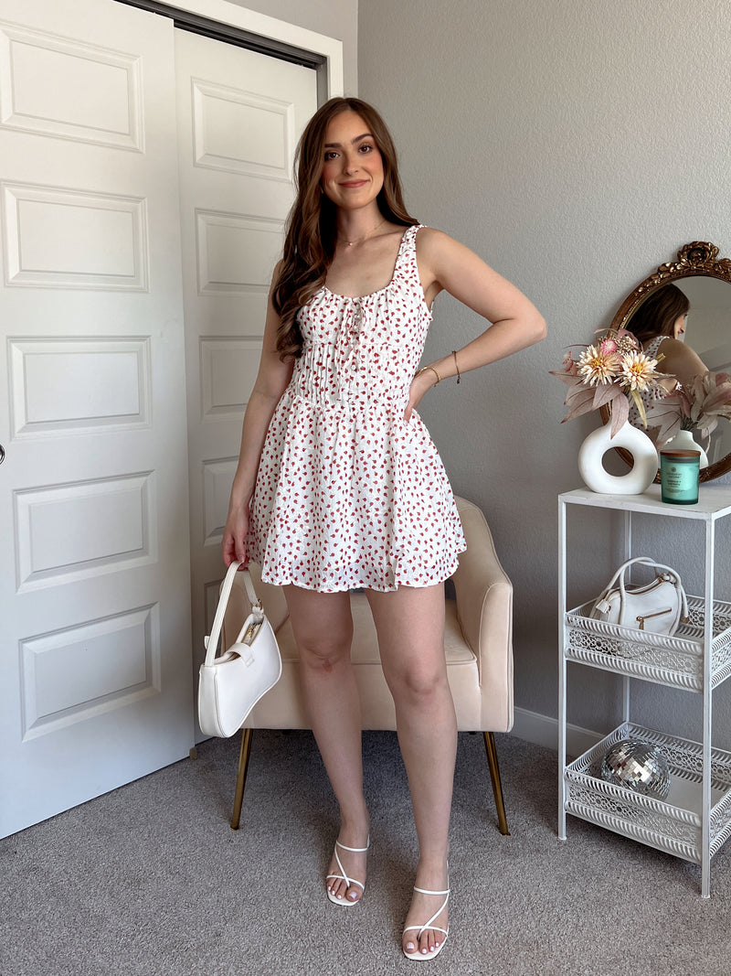 Elise Apple Print Floral Embellished Mini Dress (Off White)