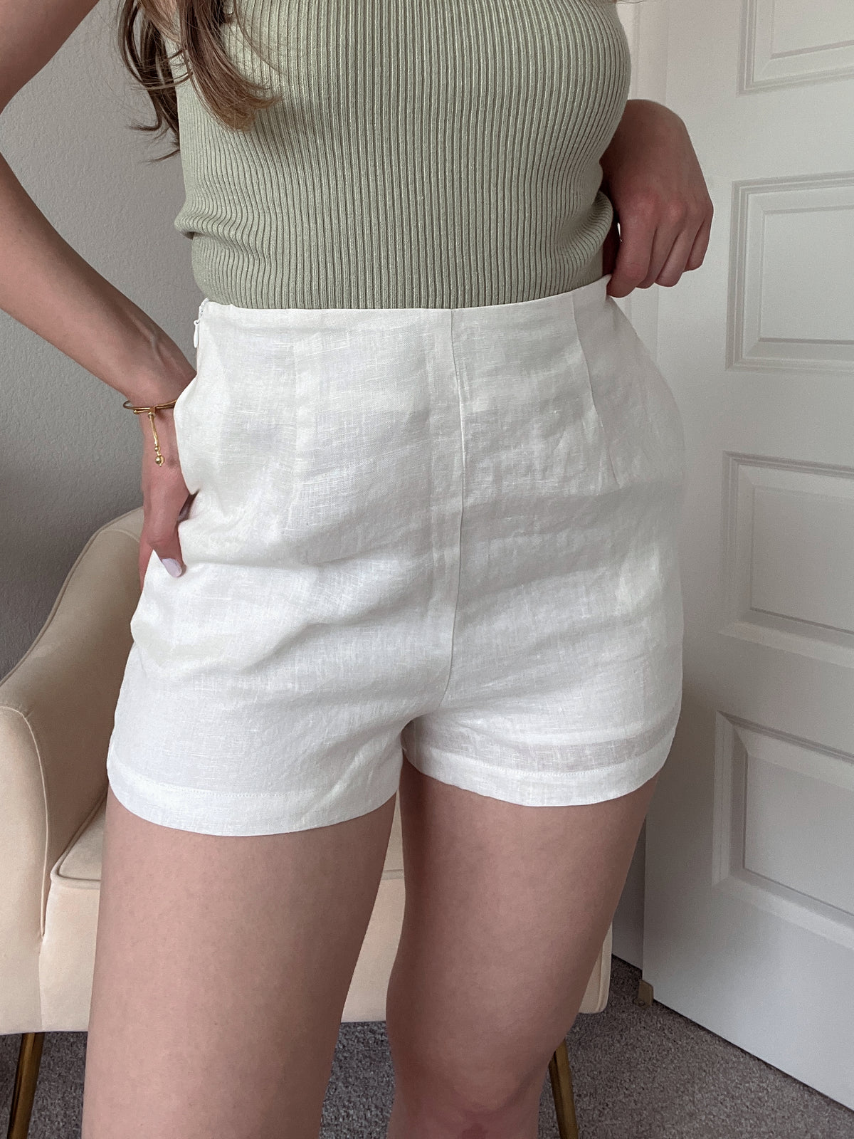 European Summer High Waisted 100% Linen Shorts (Off White)