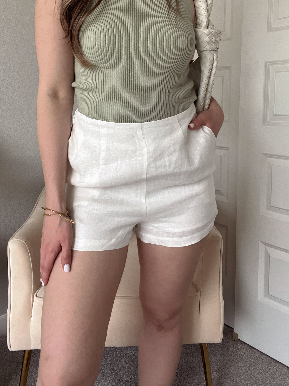 European Summer High Waisted 100% Linen Shorts (Off White)