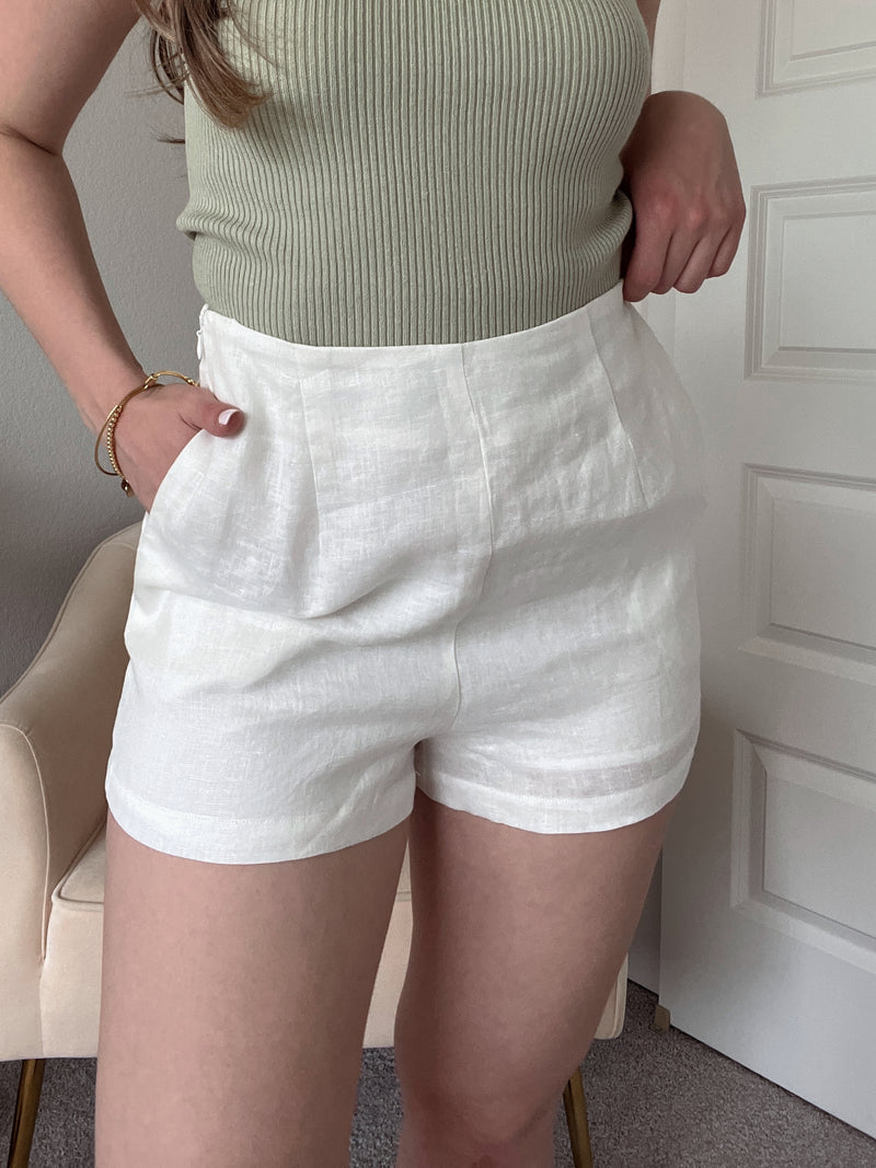 European Summer High Waisted 100% Linen Shorts (Off White)