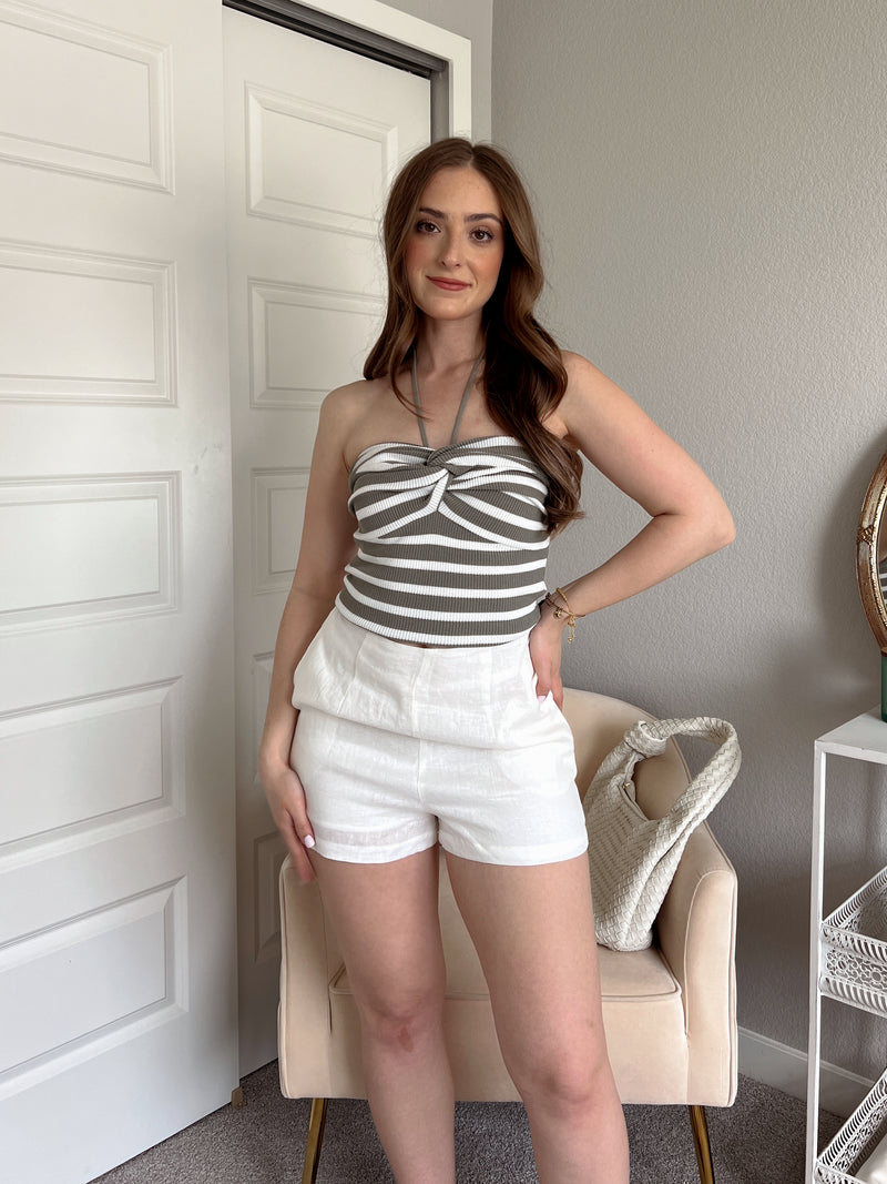 European Summer High Waisted 100% Linen Shorts (Off White)