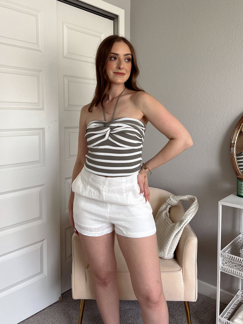European Summer High Waisted 100% Linen Shorts (Off White)
