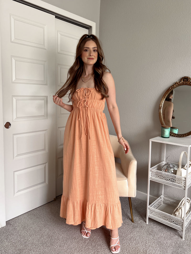 Giselle Strapless Open Back Cotton Maxi Dress (Peach)