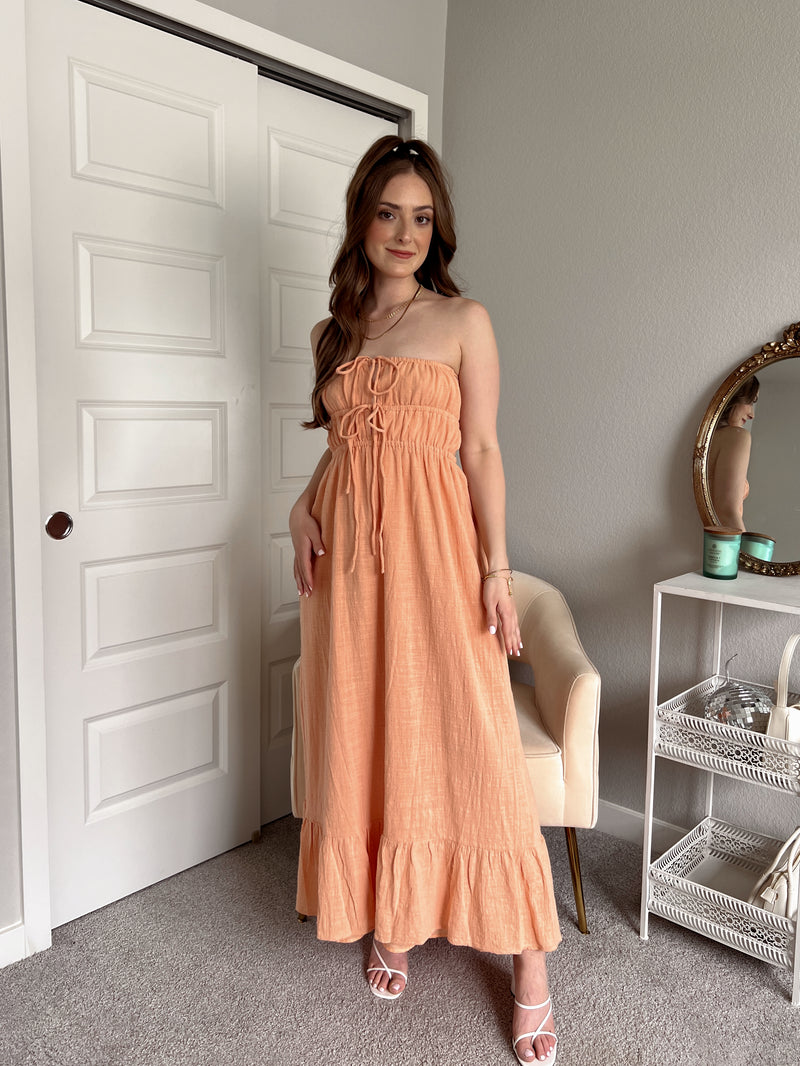 Giselle Strapless Open Back Cotton Maxi Dress (Peach)