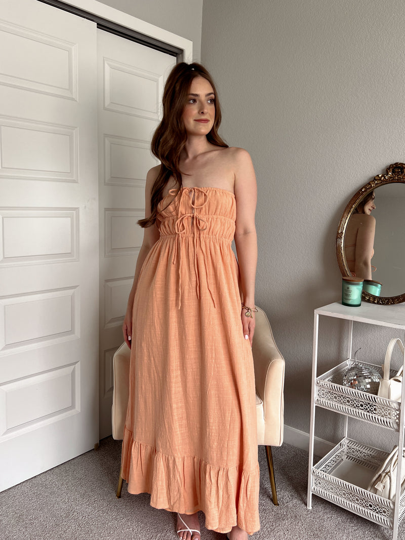 Giselle Strapless Open Back Cotton Maxi Dress (Peach)