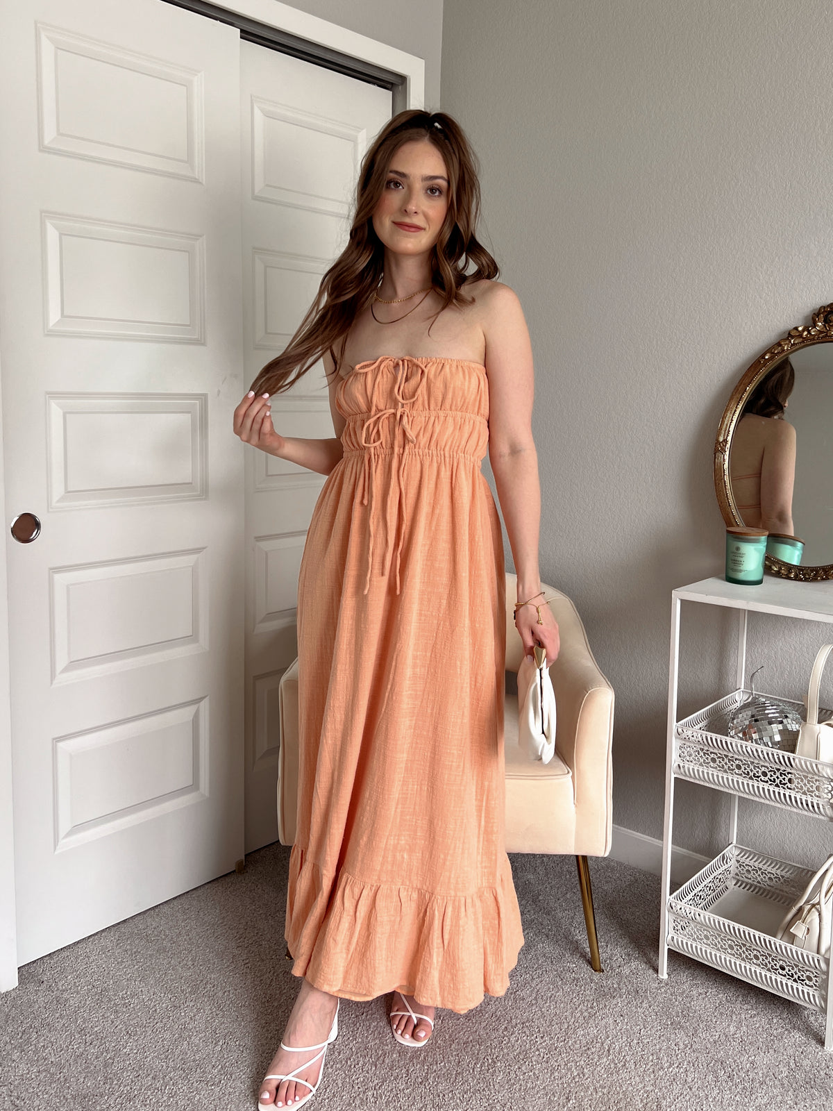 Giselle Strapless Open Back Cotton Maxi Dress (Peach)