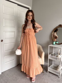 Giselle Strapless Open Back Cotton Maxi Dress (Peach)