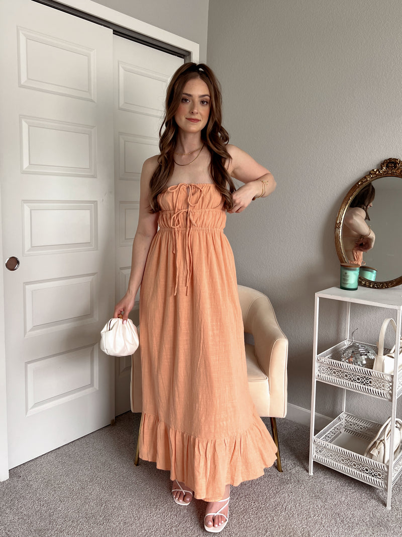 Giselle Strapless Open Back Cotton Maxi Dress (Peach)