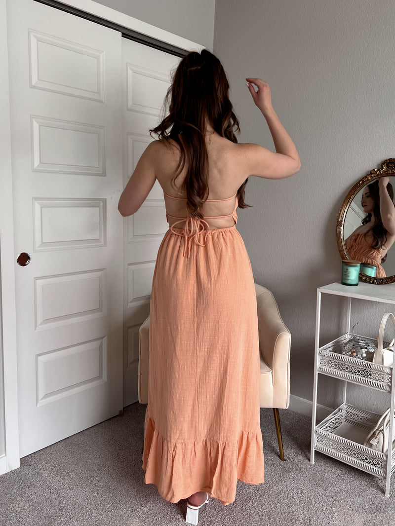 Giselle Strapless Open Back Cotton Maxi Dress (Peach)