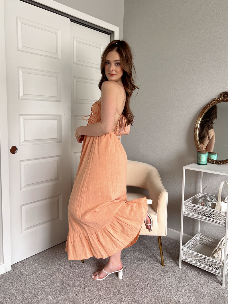 Giselle Strapless Open Back Cotton Maxi Dress (Peach)