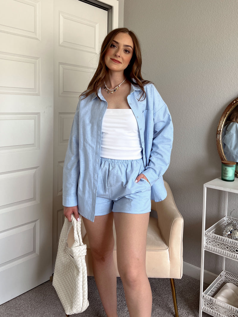 Hamptons Oversized Button Down Top (Light Blue)