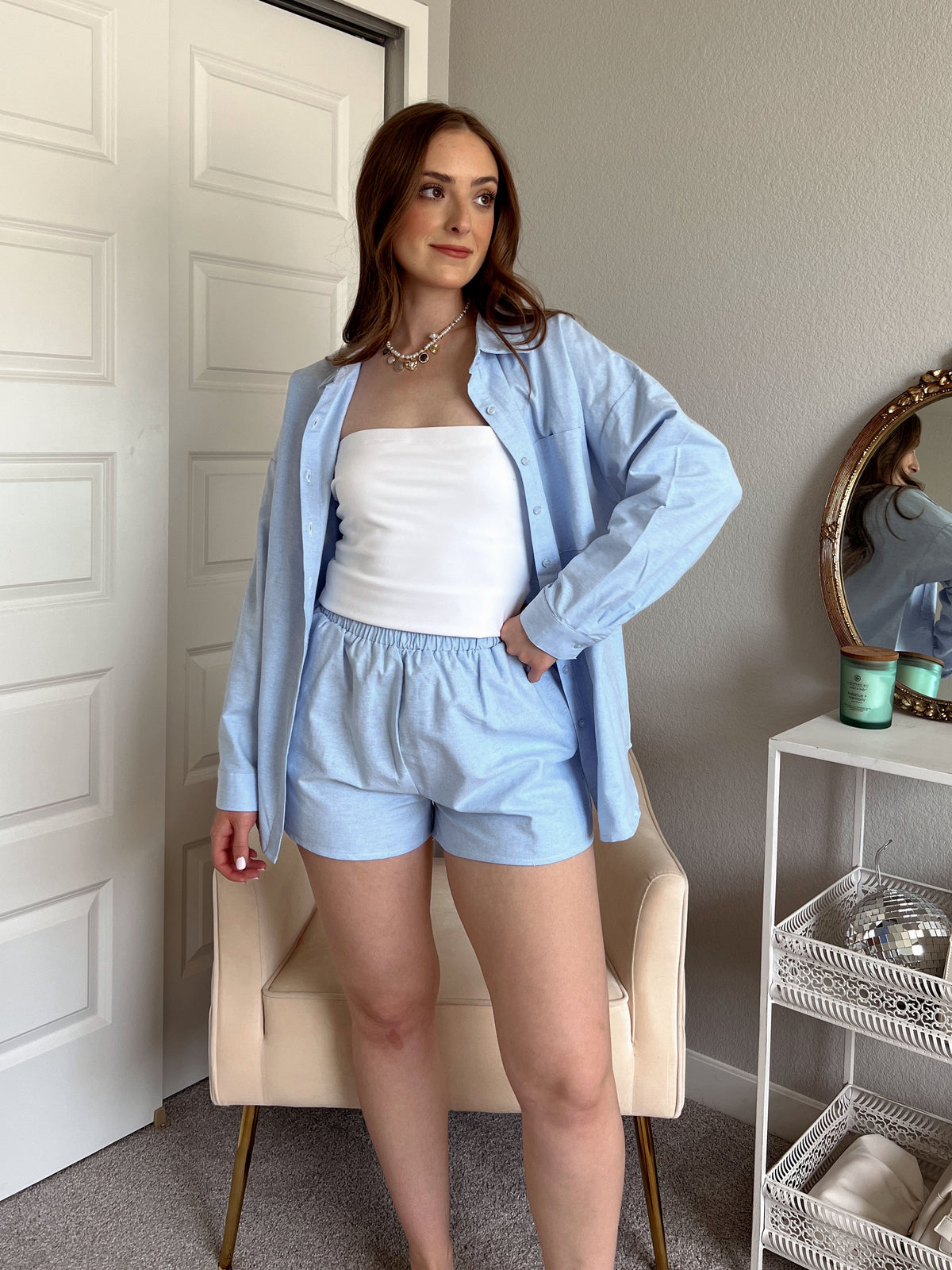 Hamptons High Waisted Elastic Cotton Shorts (Light Blue)